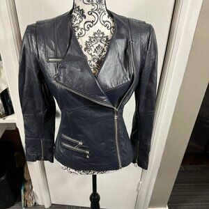 Philippe Adec navy blue 100% leather moto jacket size 4